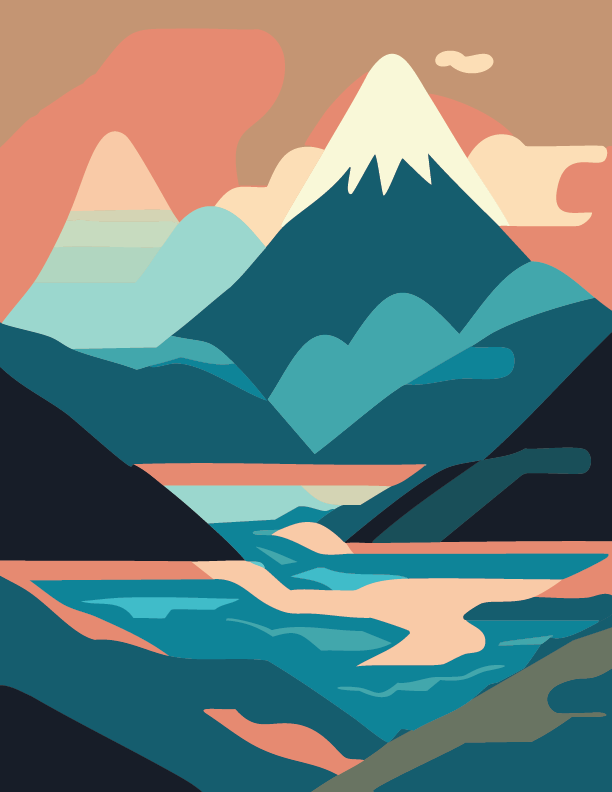 Illustration of a mountain and river.